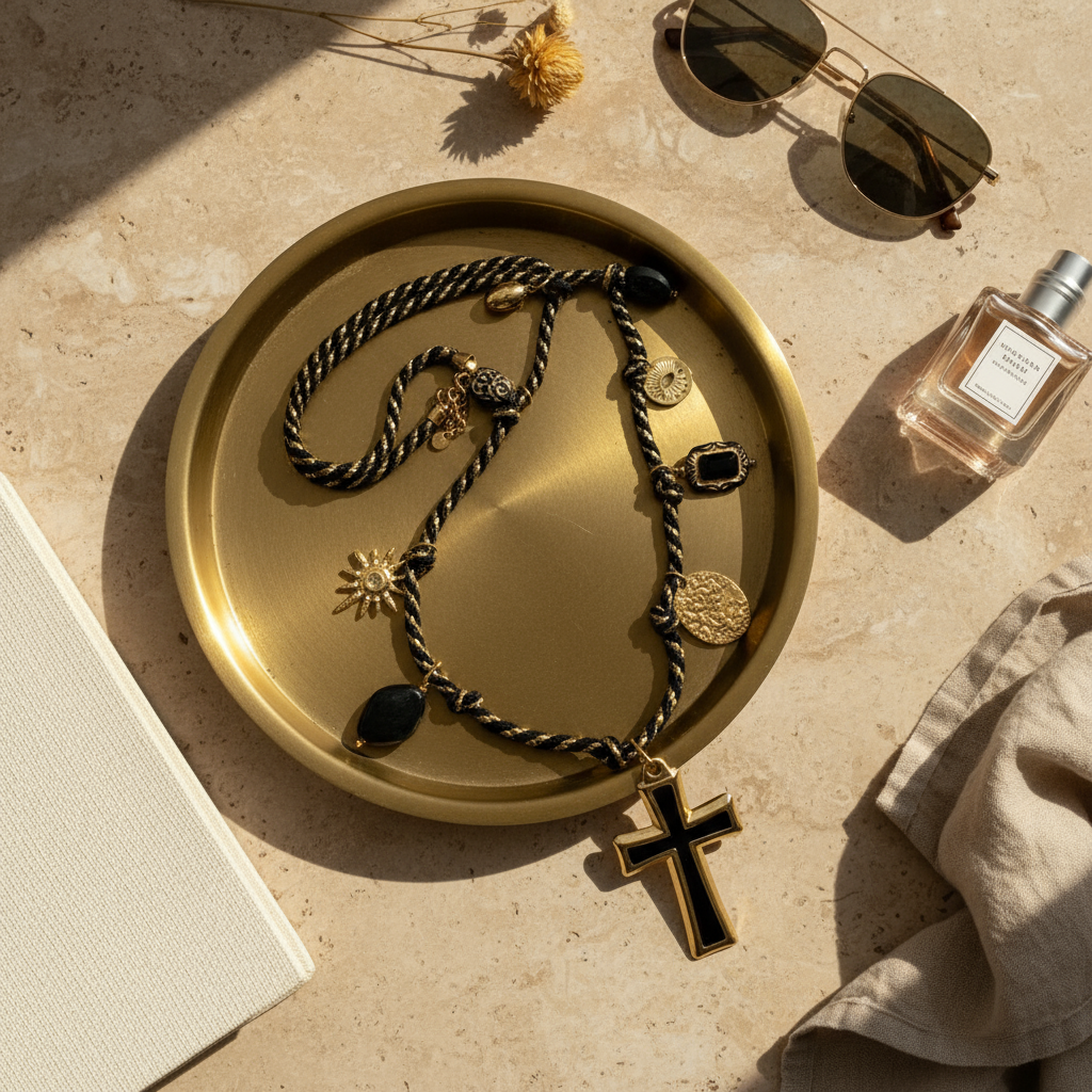 Ατσάλινο κολιέ Black Cross με μαύρο σταυρό & charms σε μαύρο κορδόνι – So Cute by Dimi