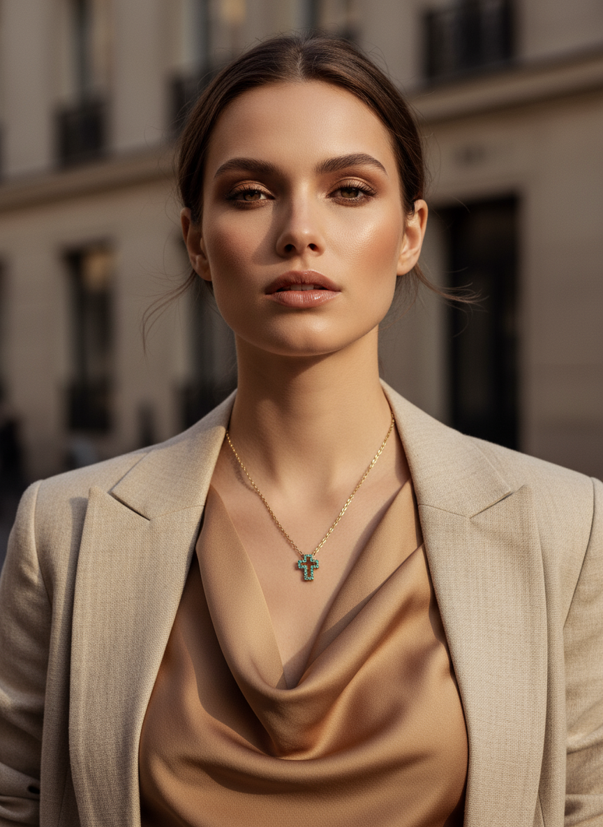 Ατσάλινο κολιέ με σταυρό και τυρκουάζ ζιργκόν – So Cute by Dimi