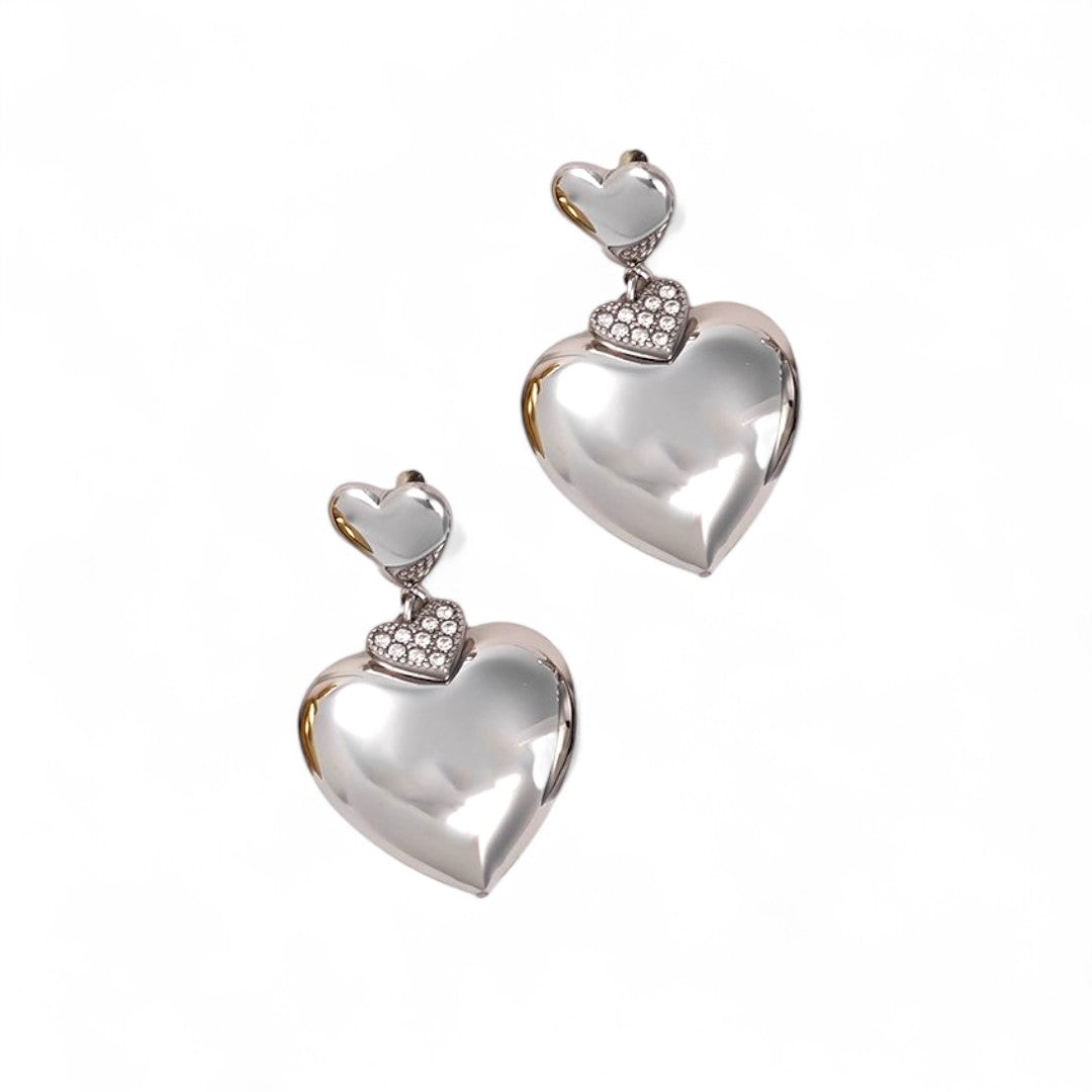 Ατσάλινα Σκουλαρίκια Double Heart με Στρας | So Cute by Dimi