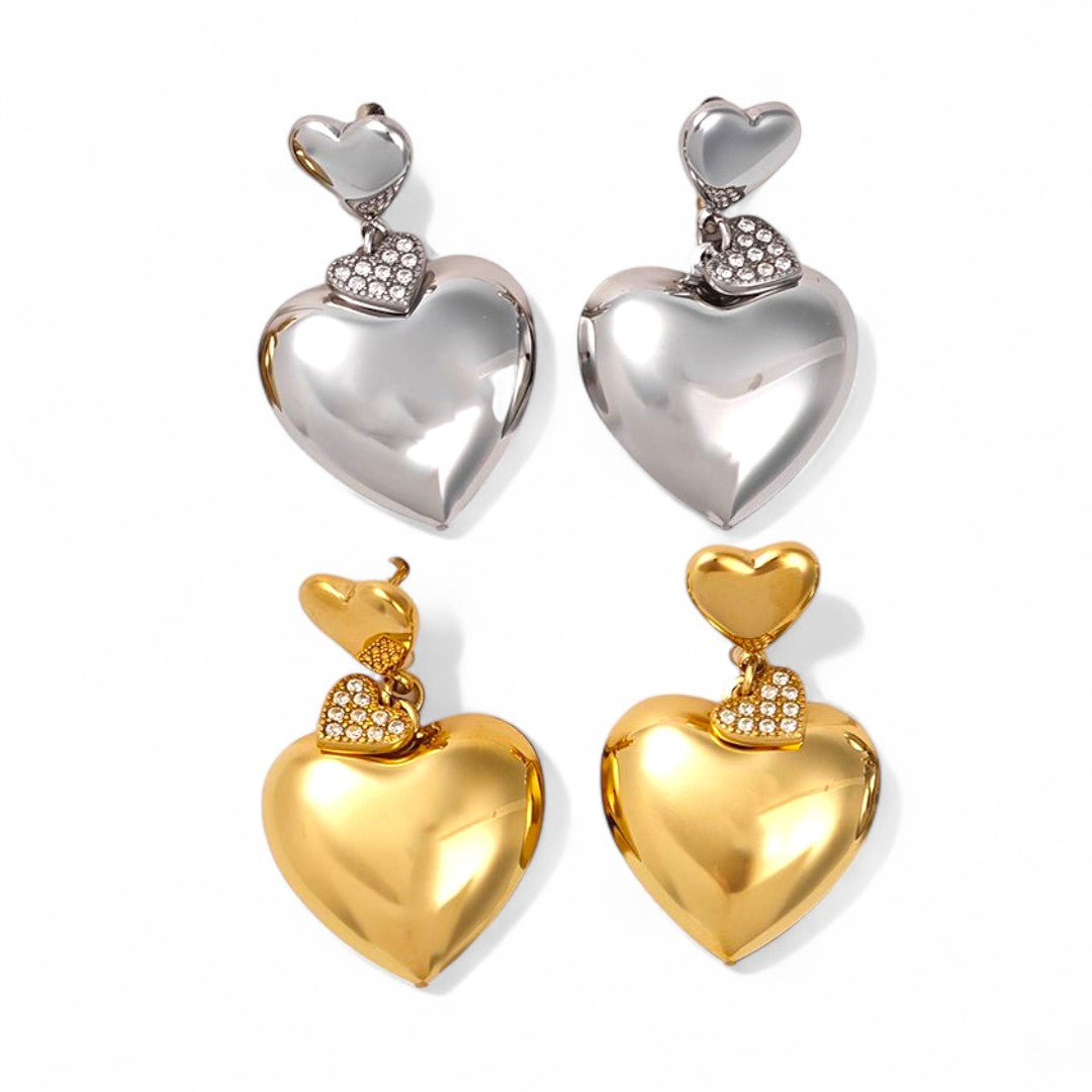 Ατσάλινα Σκουλαρίκια Double Heart με Στρας | So Cute by Dimi