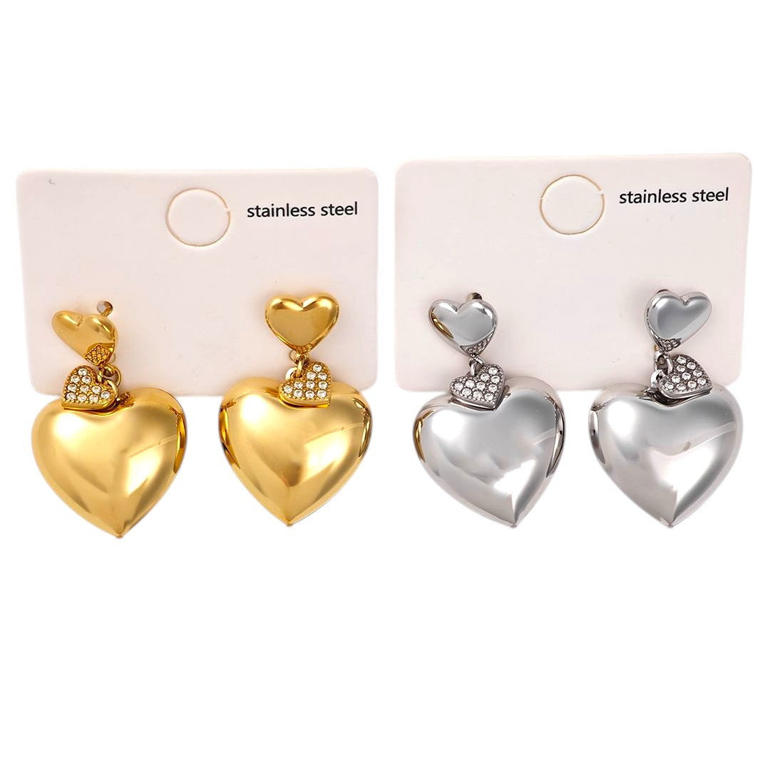 Ατσάλινα Σκουλαρίκια Double Heart με Στρας | So Cute by Dimi