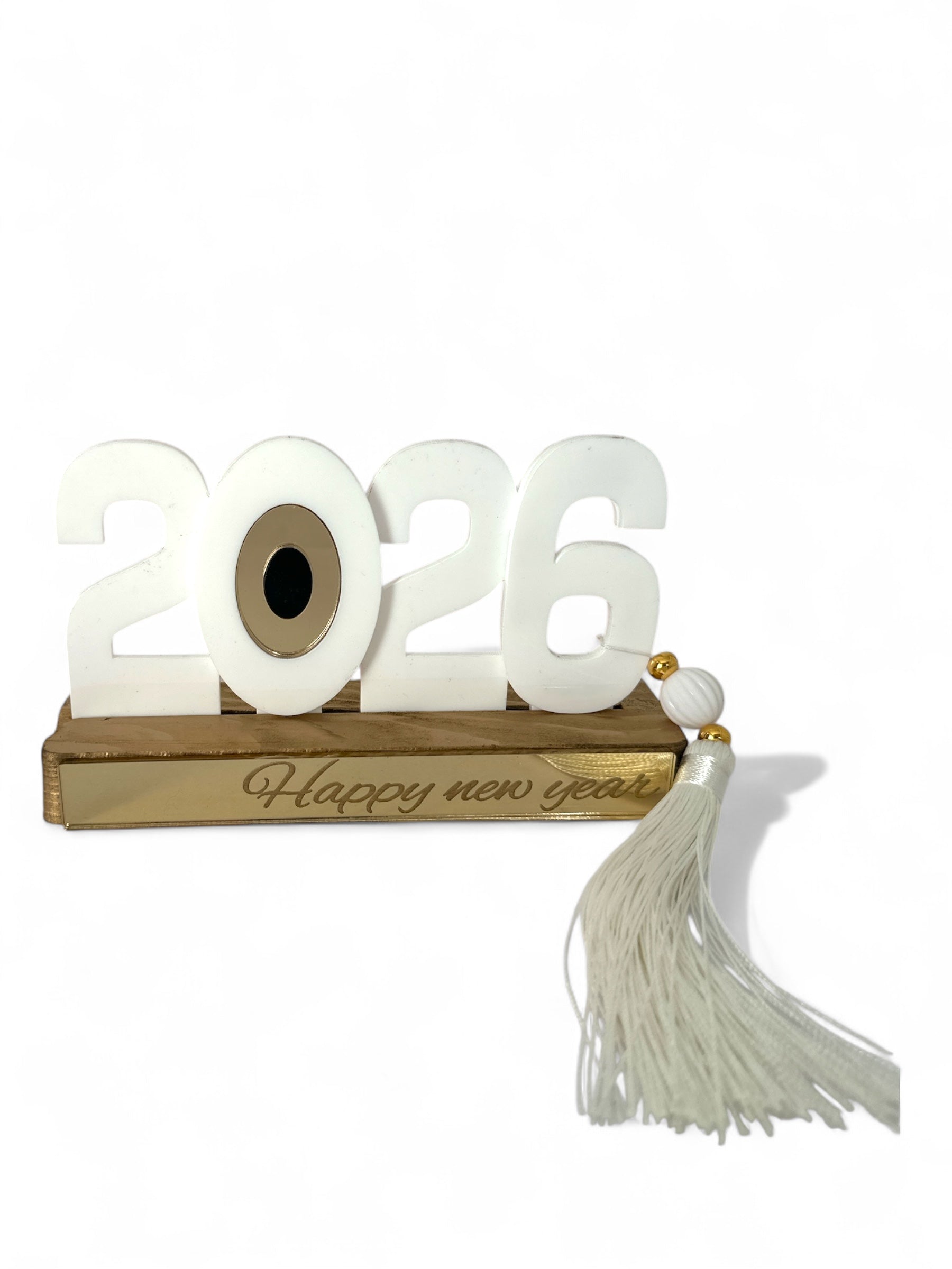 Γούρι 2026 επιτραπέζιο με μάτι, ξύλινη βάση Happy New Year και φούντα – So Cute by Dimi