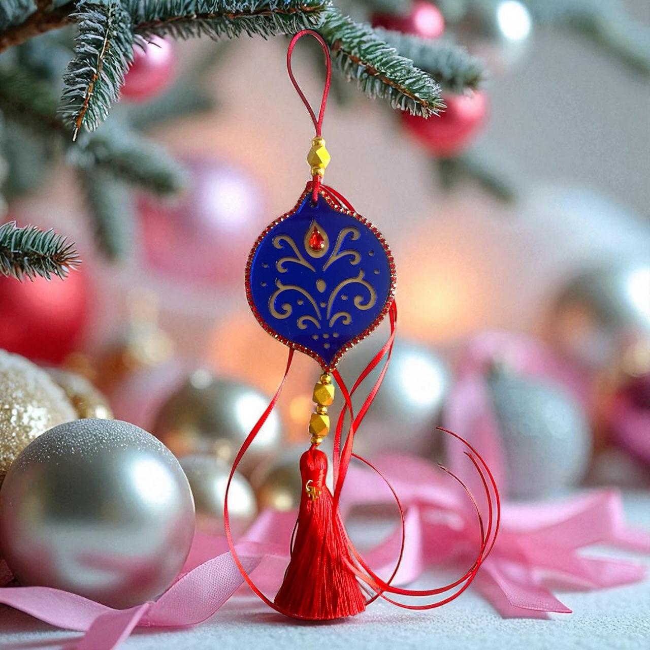 Γούρι 2026 plexiglass με διάτρητο σχέδιο, κρύσταλλο και κόκκινη φούντα – Christmas Fairytale So Cute by Dimi