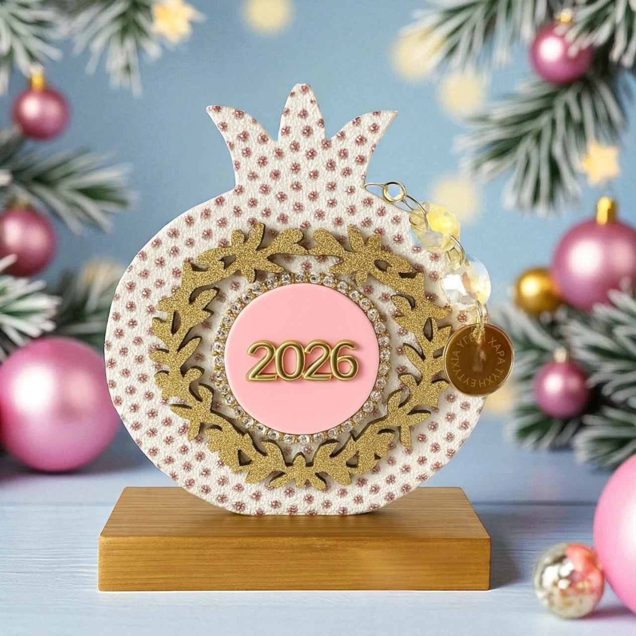 Γούρι ρόδι με χρυσό στεφάνι, στρας και κρύσταλλα – Συλλογή Christmas Fairytale