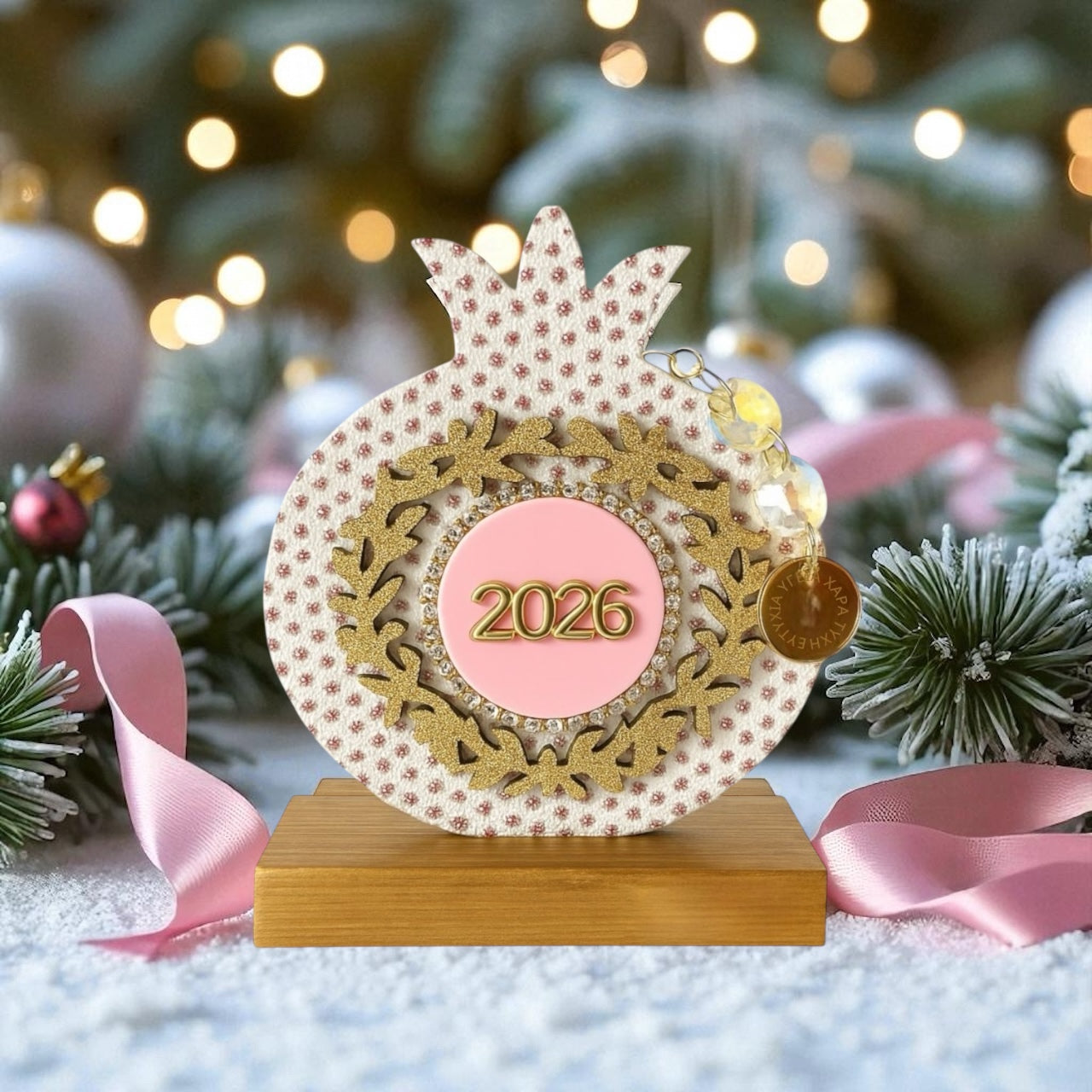 Γούρι ρόδι με χρυσό στεφάνι, στρας και κρύσταλλα – Συλλογή Christmas Fairytale So Cute by Dimi