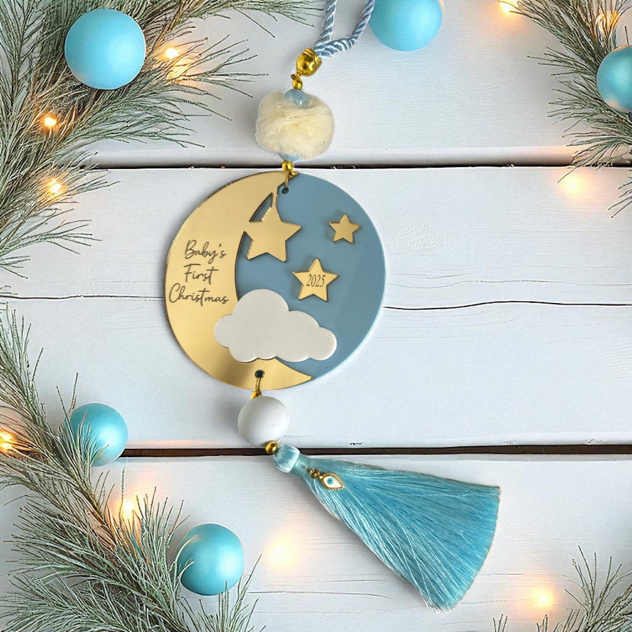 Γούρι Baby’s First Christmas plexiglass γαλάζιο με φούντα – So Cute by Dimi