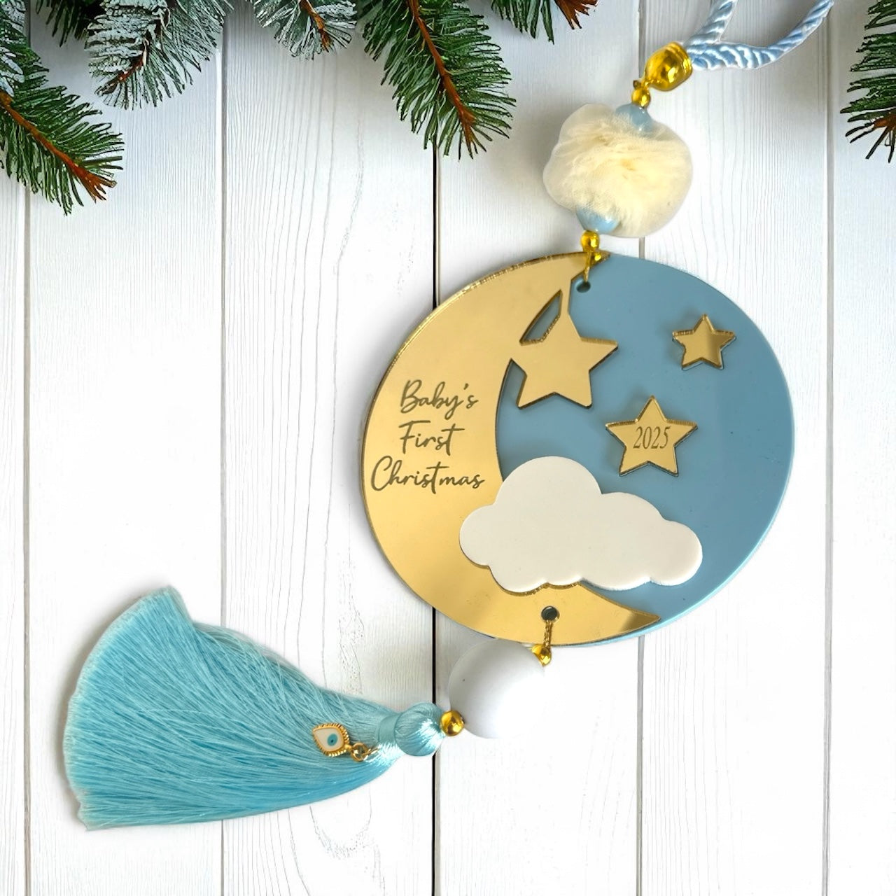 Γούρι Baby’s First Christmas plexiglass γαλάζιο με φούντα – So Cute by Dimi