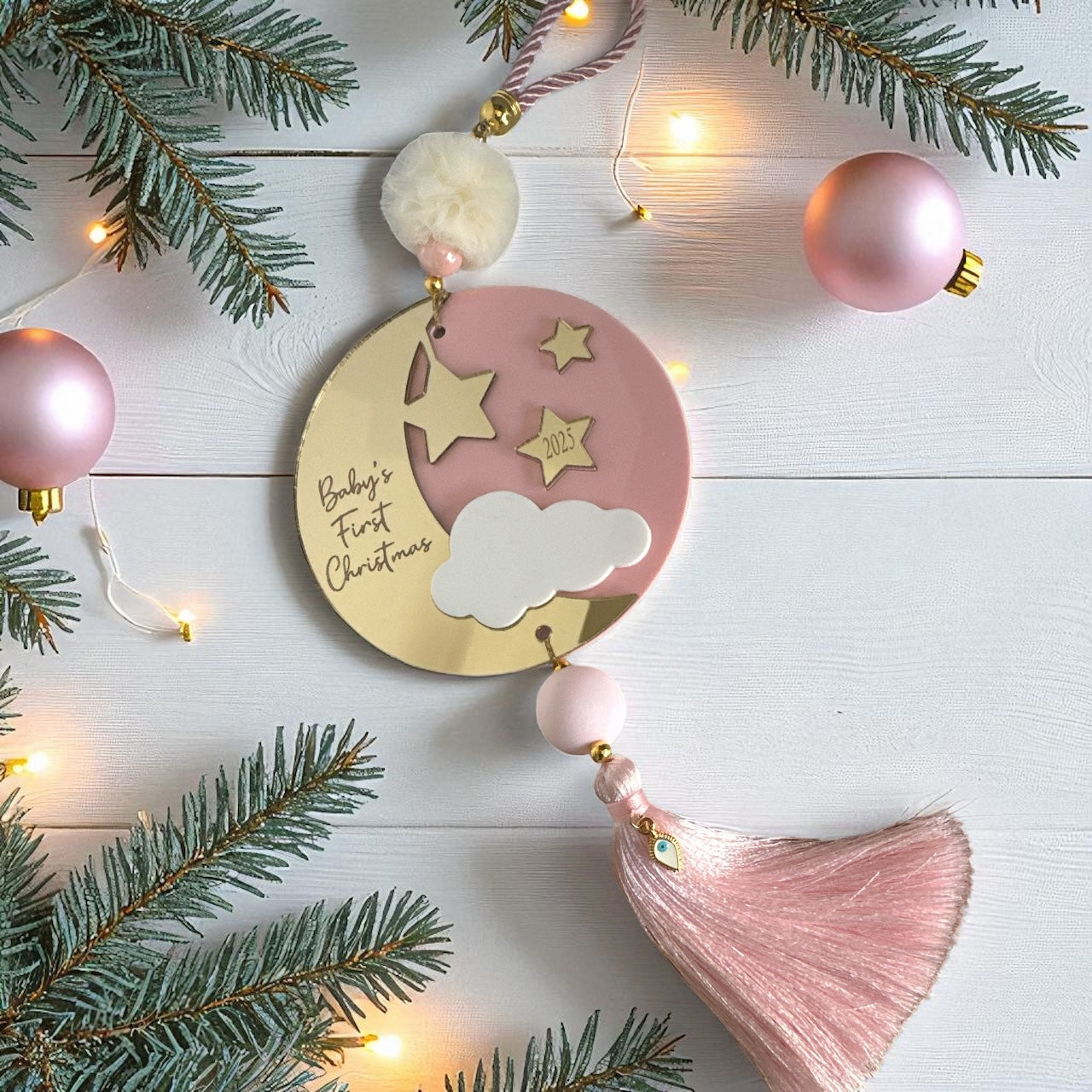 Γούρι Baby’s First Christmas plexiglass ροζ με φούντα – So Cute by Dimi