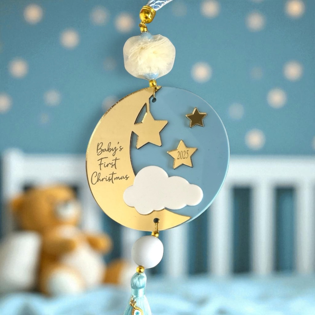 Γούρι Baby’s First Christmas plexiglass ι γαλάζιο με φούντα – So Cute by Dimi