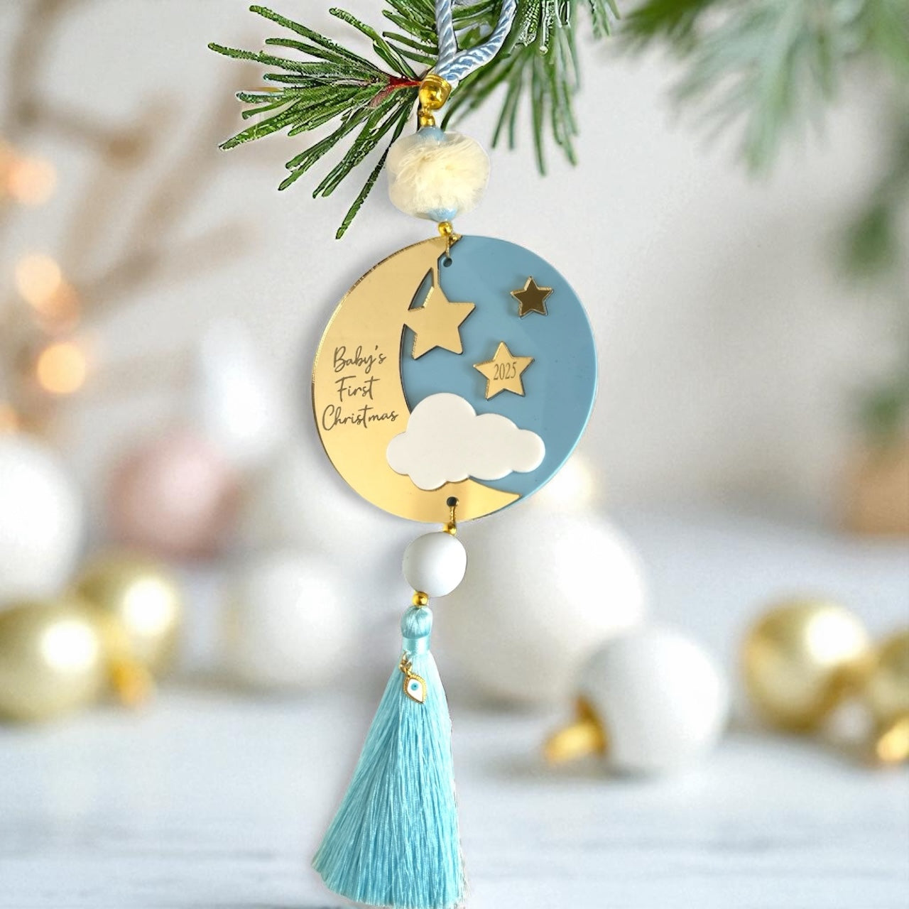 Γούρι Baby’s First Christmas plexiglass γαλάζιο με φούντα – So Cute by Dimi