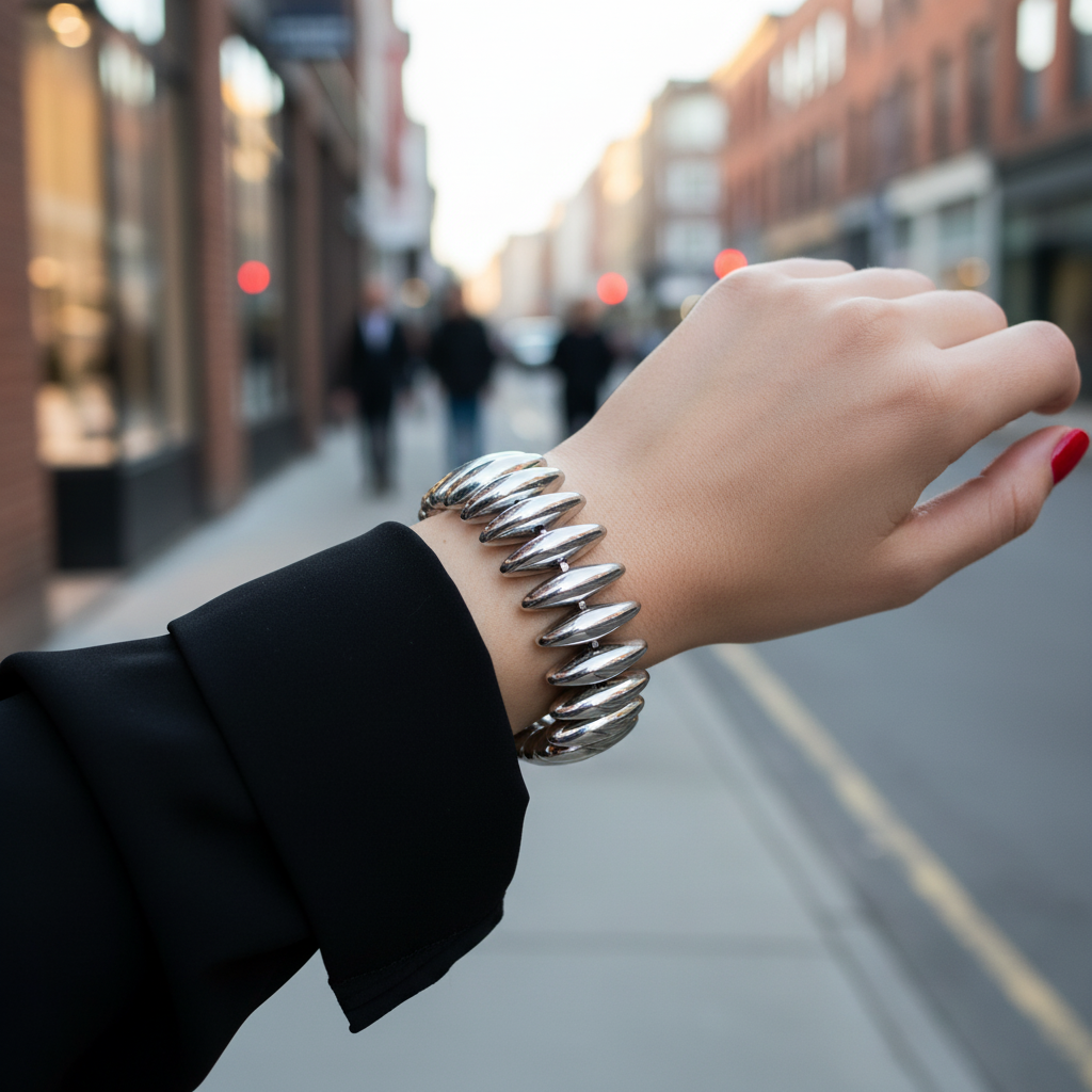 Hand wearing a silver bracelet on a blurred street background