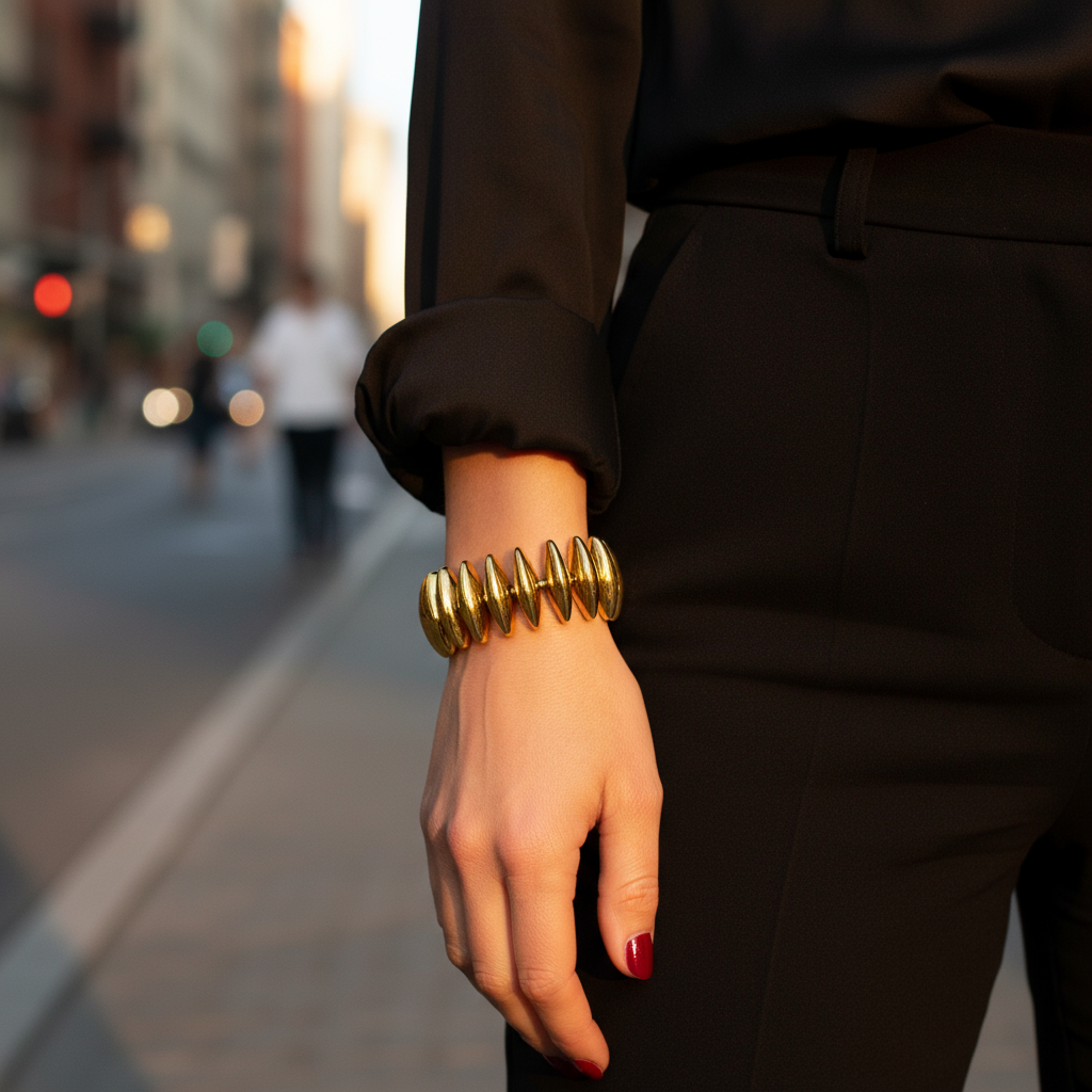 Person wearing a gold bracelet on a blurred city street background