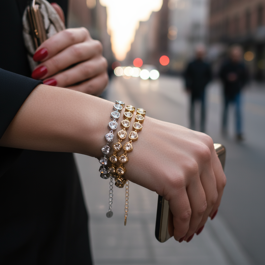 Close-up of a hand wearing multiple bracelets with a blurred city street background