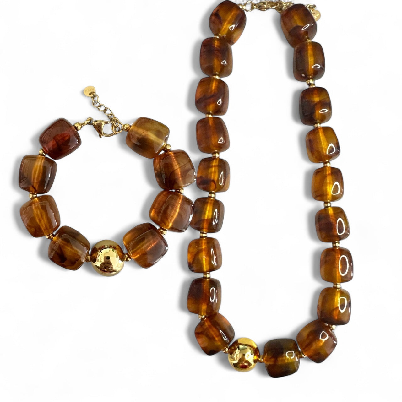 Κολιέ & Βραχιόλι με τετραγωνισμένες ταργαρούγα χάντρες & χρυσή λεπτομέρεια – So Cute by Dimi