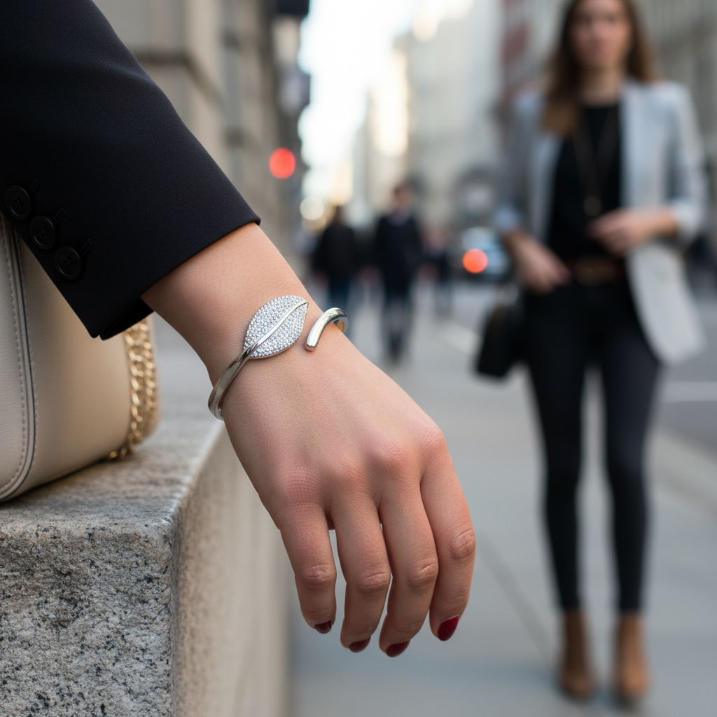 Close-up of a hand wearing a silver bracelet with a blurred city street background