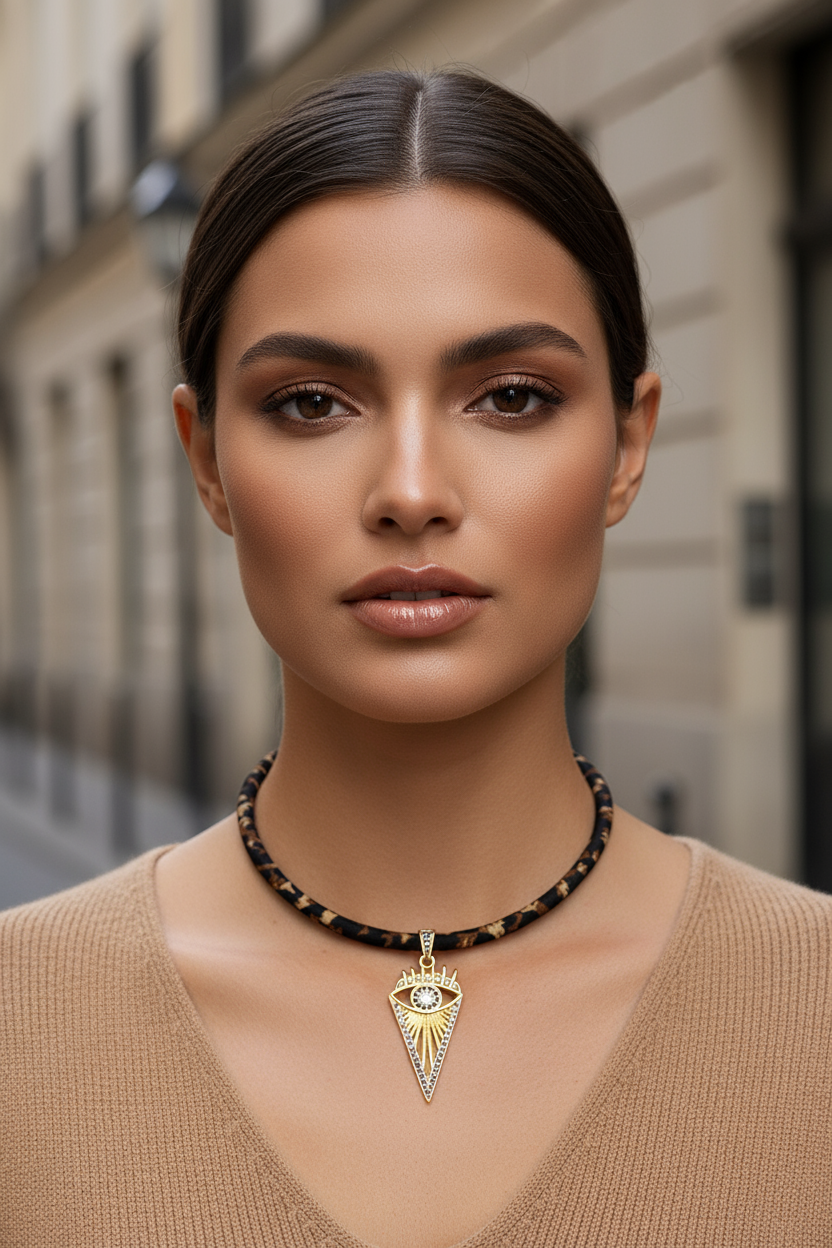 Χειροποίητο κολιέ με λεοπάρ κορδόνι και επίχρυσο eye στοιχείο με ζιργκόν So Cute by DImi