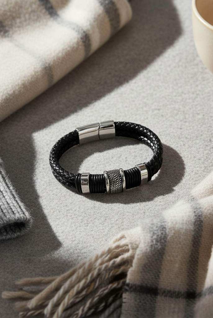 Ανδρικό δερμάτινο βραχιόλι με ατσάλινη λεπτομέρεια και μαγνητικό κούμπωμα – So Cute by Dimi