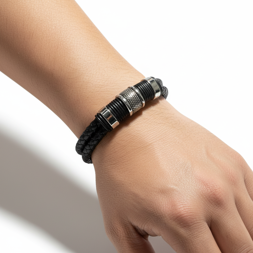 Ανδρικό δερμάτινο βραχιόλι με ατσάλινη λεπτομέρεια και μαγνητικό κούμπωμα – So Cute by Dimi