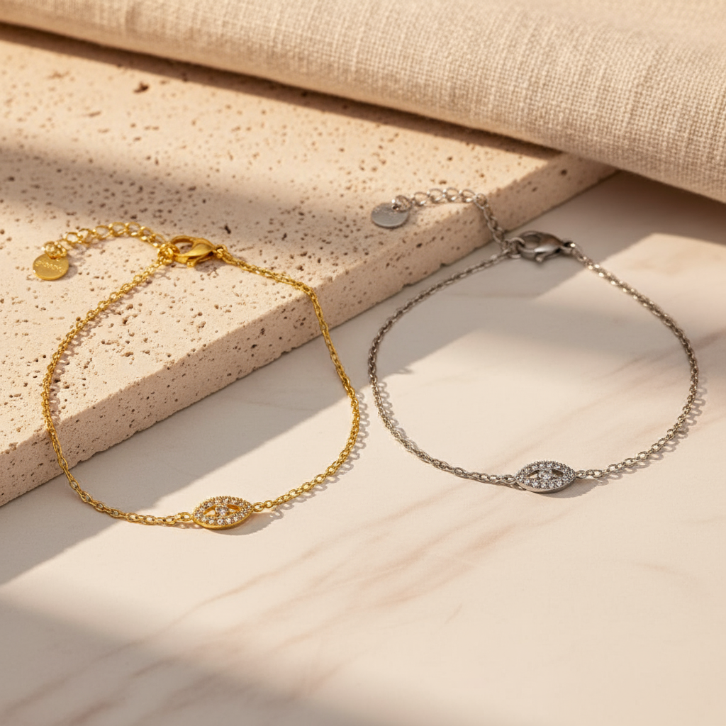 Βραχιόλι από ατσάλι με μάτι και λευκά ζιργκόν σε χρυσό και ασημί – So Cute by Dimi