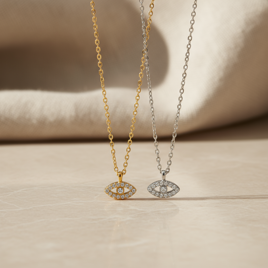 Κολιέ από ατσάλι με μάτι και λευκά ζιργκόν σε χρυσό και ασημί – So Cute by Dimi