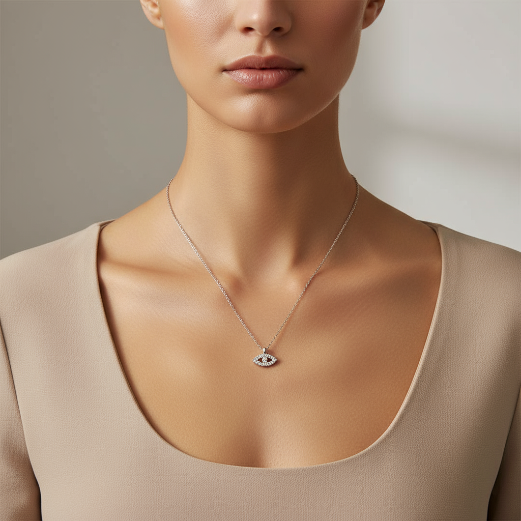 Κολιέ από ατσάλι με μάτι και λευκά ζιργκόν σε ασημί – So Cute by Dimi