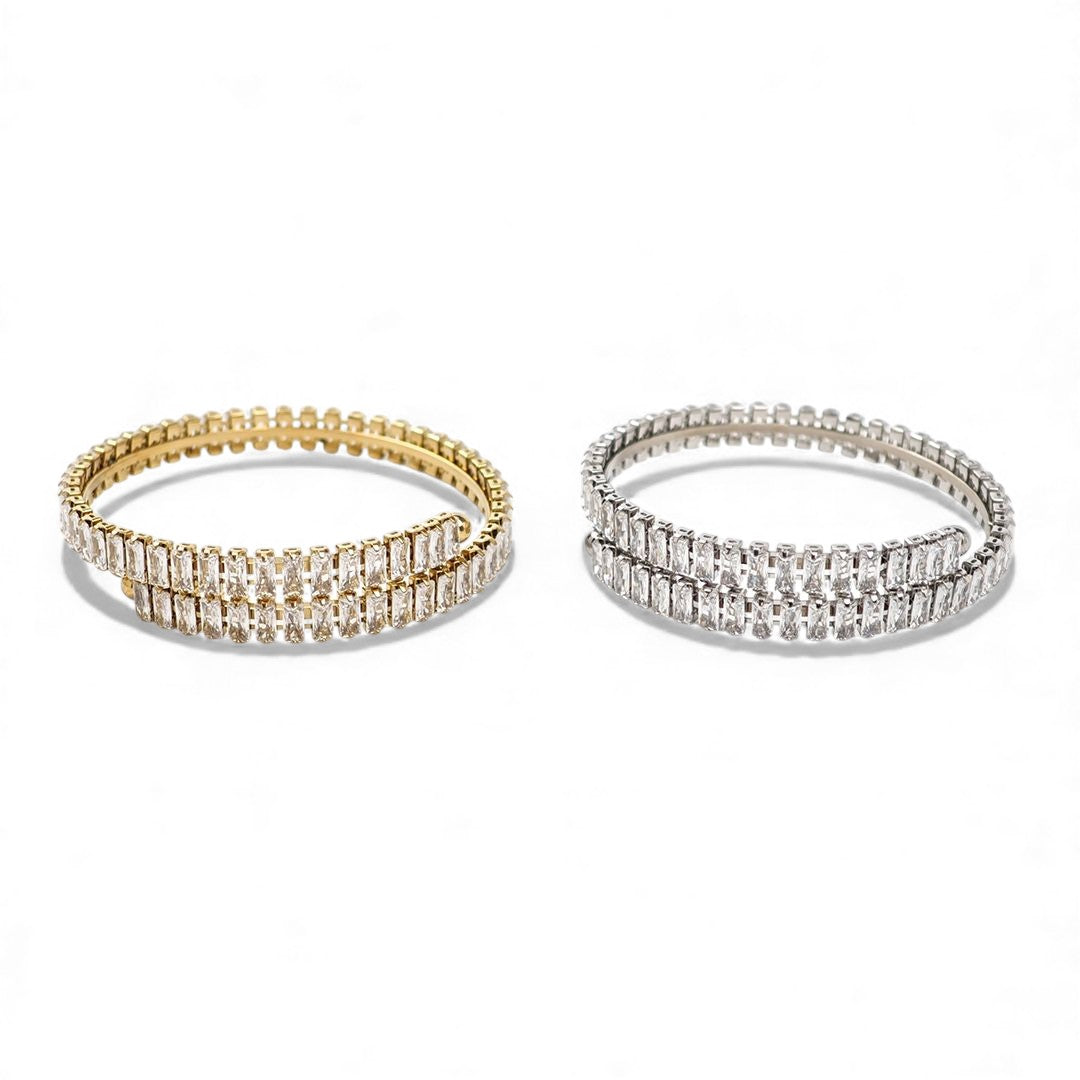 Stainless steel bracelet with double row baguette zircon stones in gold and silver – Radiant Rows Bracelet by So Cute by Dimi.