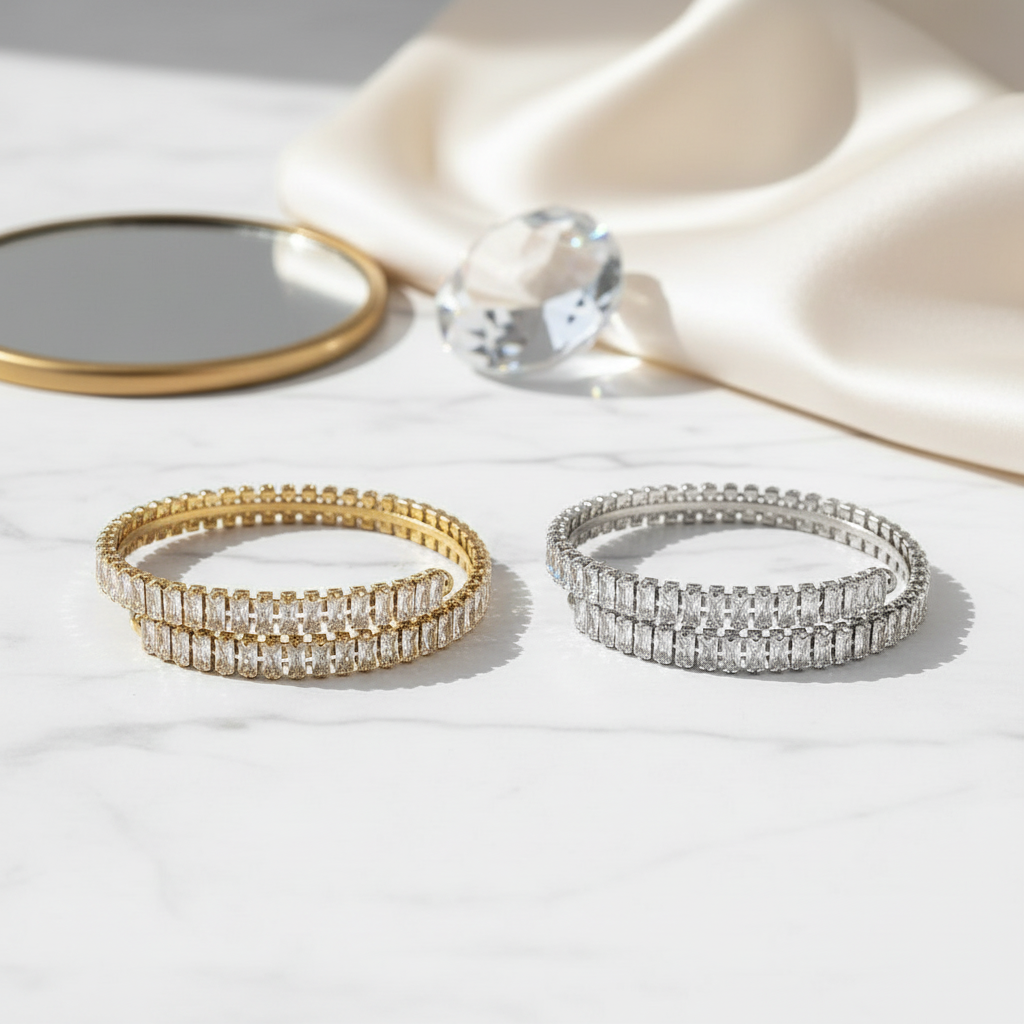 Radiant Rows Bracelet in gold and silver with double row baguette zircon stones – stainless steel.