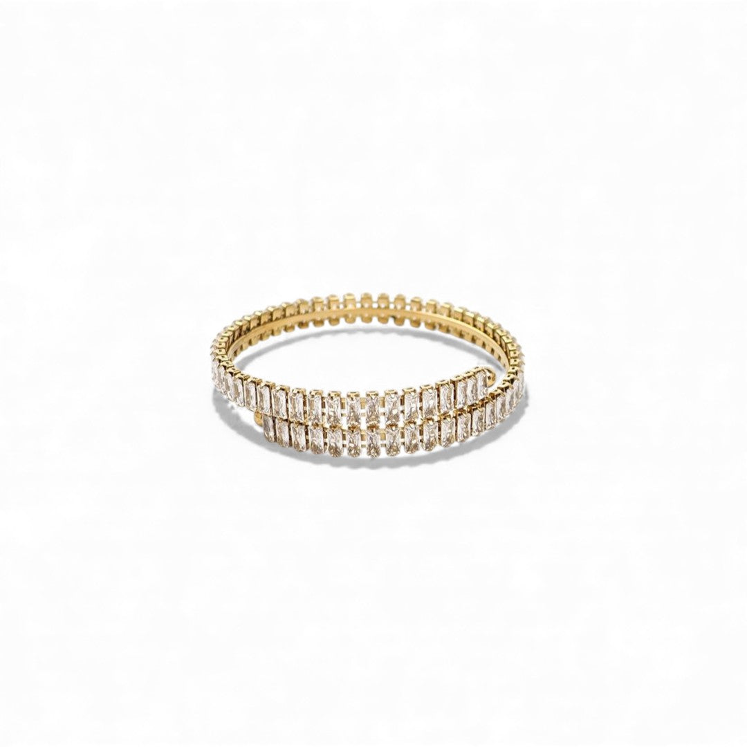 Stainless steel bracelet with double row baguette zircon stones in gold – Radiant Rows Bracelet by So Cute by Dimi.