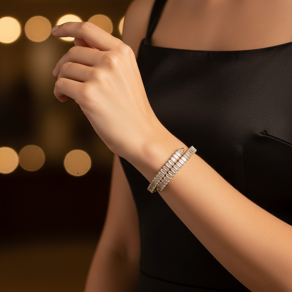 Radiant Rows Bracelet in gold and silver with double row baguette zircon stones – stainless steel.