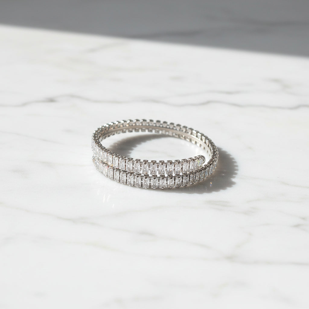 Stainless steel bracelet with double row baguette zircon stones in silver – Radiant Rows Bracelet by So Cute by Dimi.