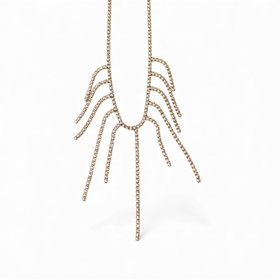Stainless steel fringe necklace with rhinestones in gold – fashion jewelry by So Cute by Dimi.