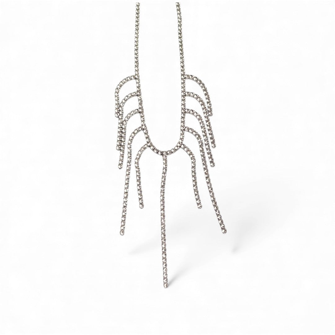 Stainless steel fringe necklace with rhinestones in silver – fashion jewelry by So Cute by Dimi.
