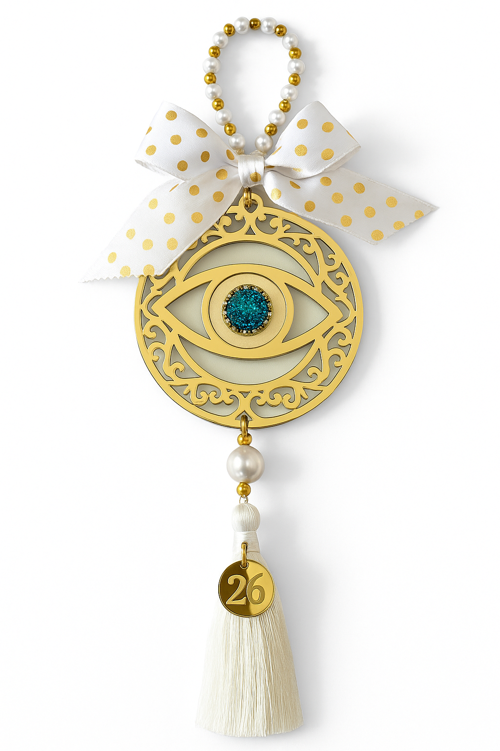 Χειροποίητο γούρι μάτι από χρυσό πλεξιγκλάς με στρας, φιόγκο και φούντα – So Cute by Dimi