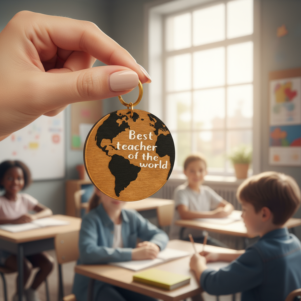 Ξύλινο μπρελόκ υδρόγειος με χάραξη “Best Teacher of the World” – So Cute by Dimi