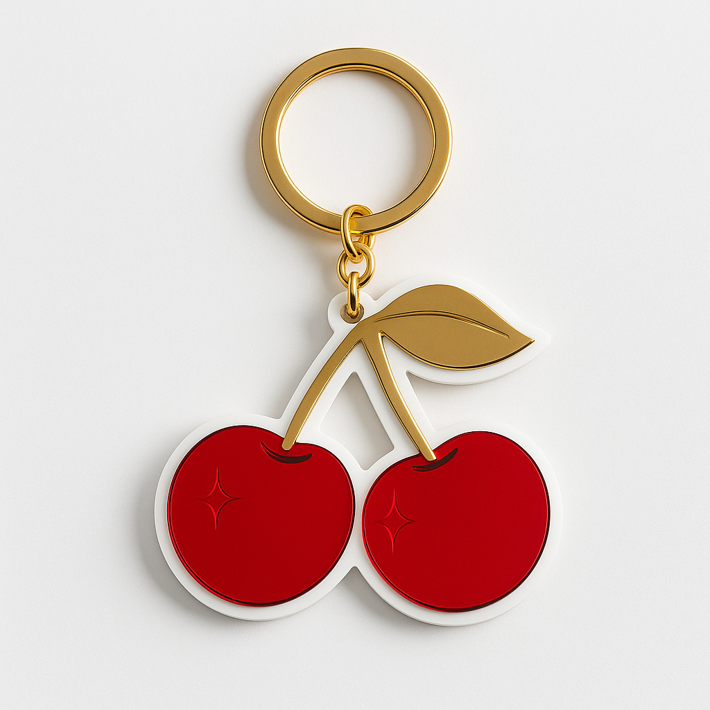 Μπρελόκ κερασάκια από plexiglass mirror κόκκινο & χρυσό με λευκή βάση – So Cute by Dimi