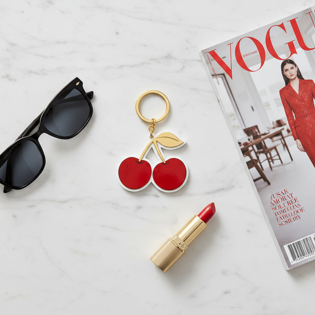 Μπρελόκ κερασάκια από plexiglass mirror κόκκινο & χρυσό με λευκή βάση – So Cute by Dimi