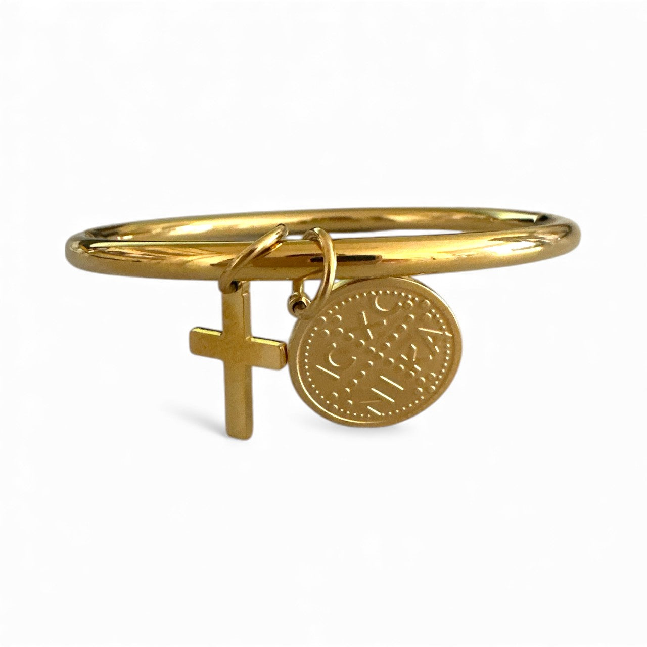 Ατσάλινο bangle σε gold με κρεμαστό σταυρό και κωνσταντινάτο – So Cute by Dimi