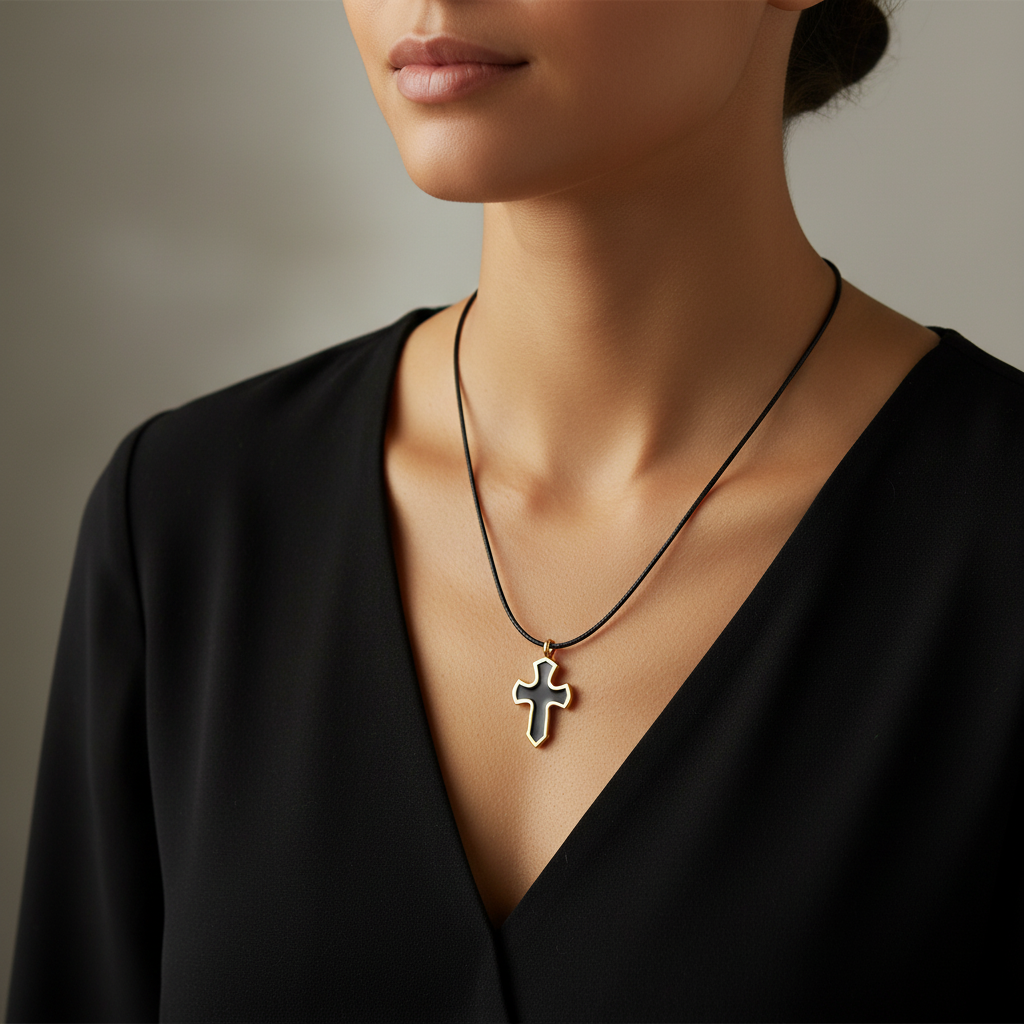 Κολιέ με μαύρο κορδόνι και μοτίφ σταυρό σε μαύρο με χρυσό περίγραμμα – So Cute by Dimi