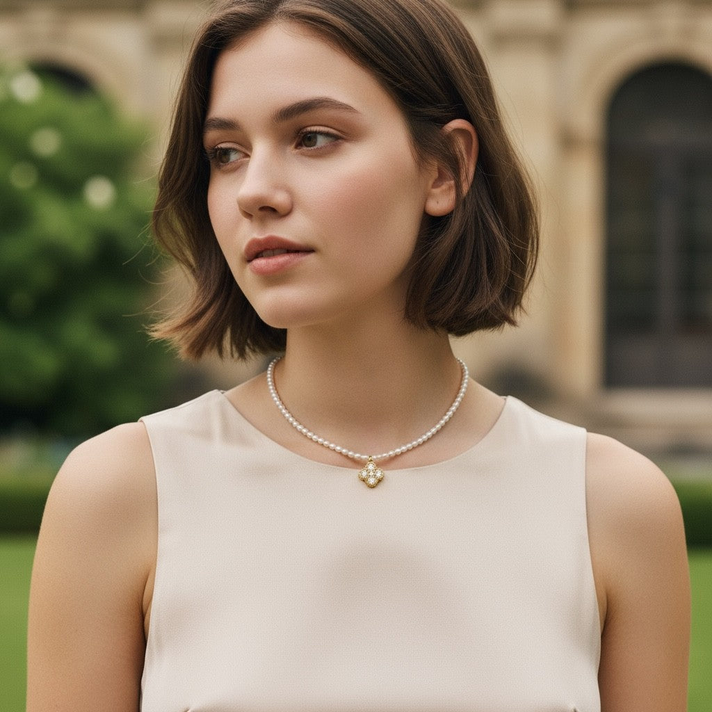 Ατσάλινο κολιέ με πέρλες και μοτίφ clover με ζιργκόν So Cute by Dimi