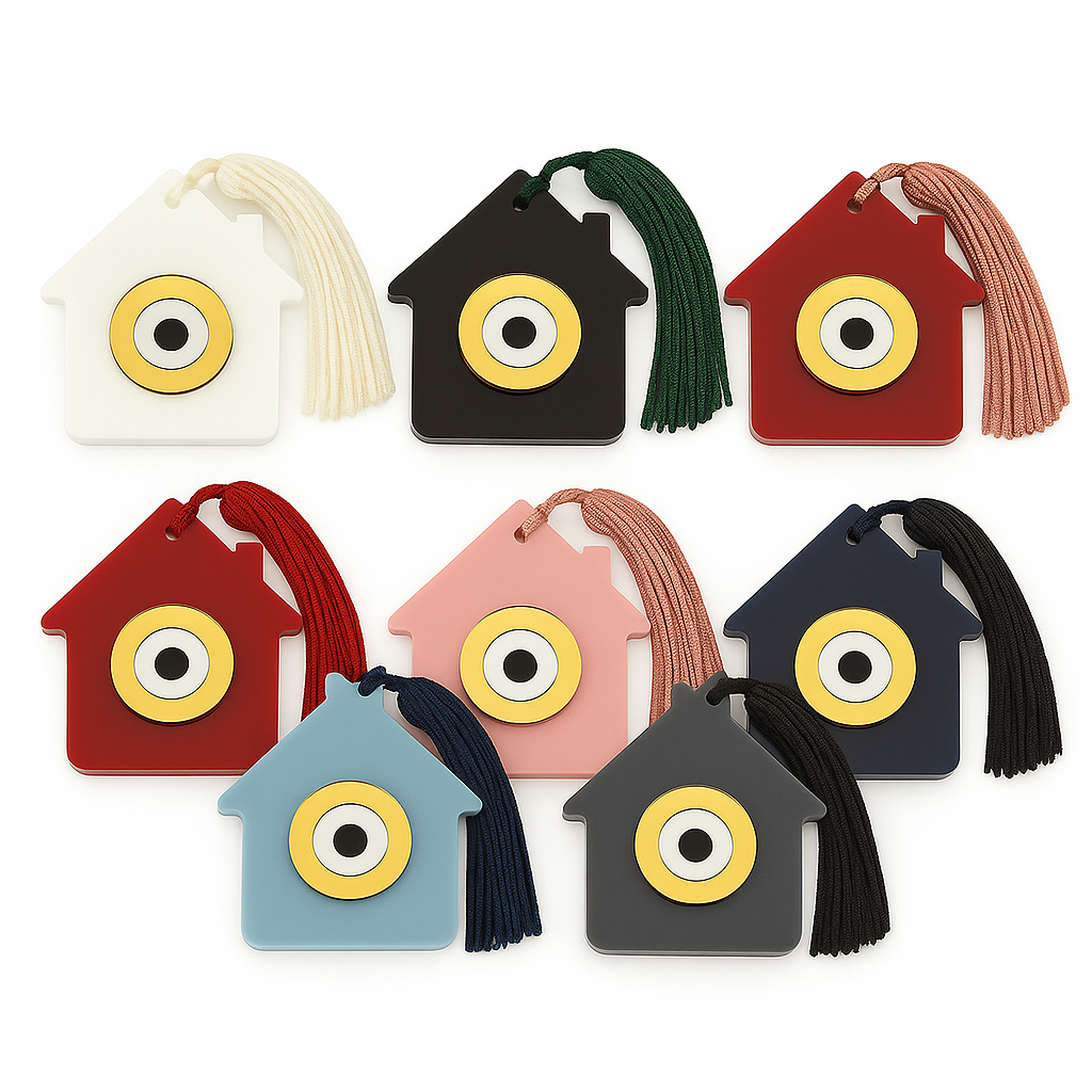 Γούρι plexiglass σπιτάκι με μάτι και φούντα σε πολλά χρώματα – So Cute by Dimi