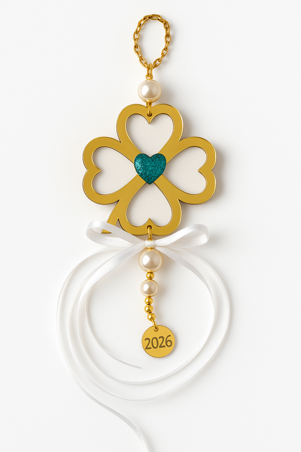 Γούρι τετράφυλλο τριφύλλι plexiglass με καρδιά γκλίτερ και πέρλες – So Cute by Dimi