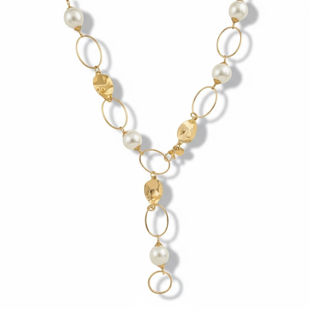 Elara Necklace – Ατσάλινο Κολιέ Τύπου Υ με Πέρλες & Ανάγλυφα Κρίκους | So Cute by Dimi