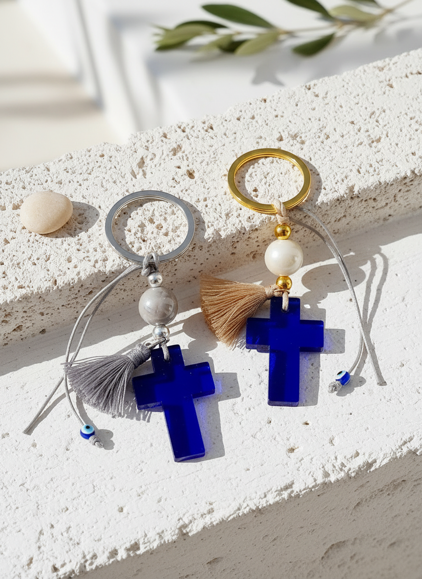 Δύο μπρελόκ με μπλε ακρυλικό σταυρό, φουντάκια και κορδόνια με ματάκια σε λήψη επάνω σε λευκή κυκλαδίτικη επιφάνεια.