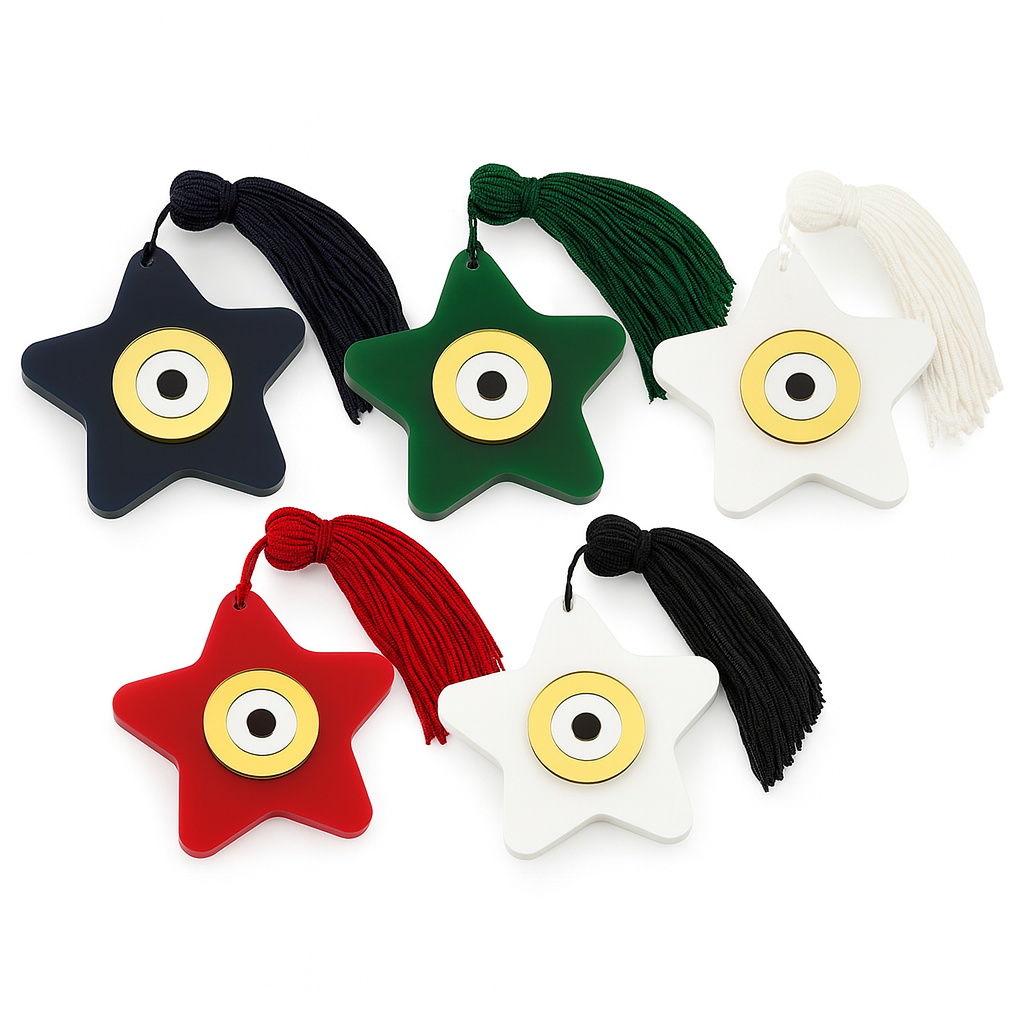 Γούρι plexiglass αστέρι με μάτι και φούντα σε κόκκινο, μπλε, πράσινο και λευκό – So Cute by Dimi