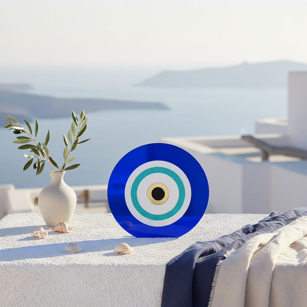 Μπλε plexiglass γούρι μάτι σε κυκλαδίτικη ταράτσα με θέα στο Αιγαίο, βάζο με ελιά και κοχύλια