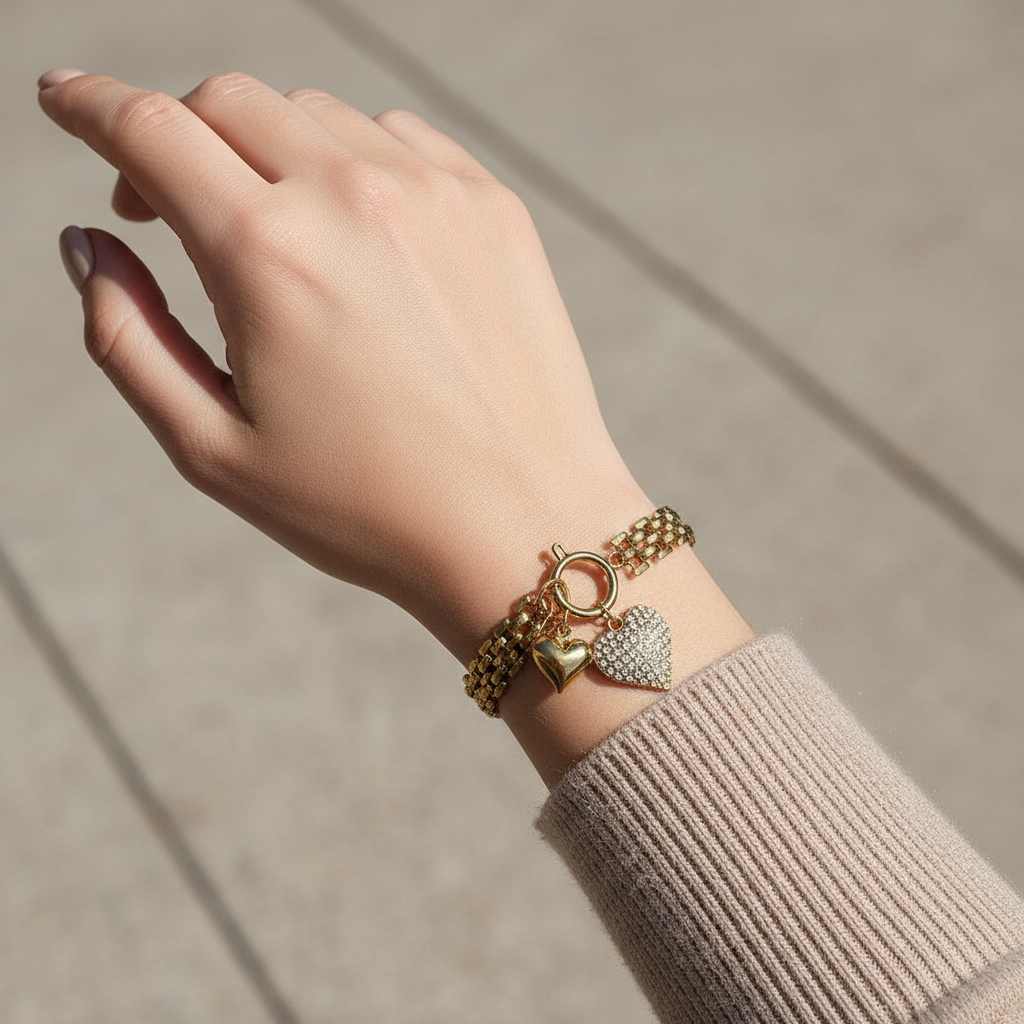 Ατσάλινο Βραχιόλι “Double Heart Sparkle” με Ζιργκόν - So Cute by Dimi