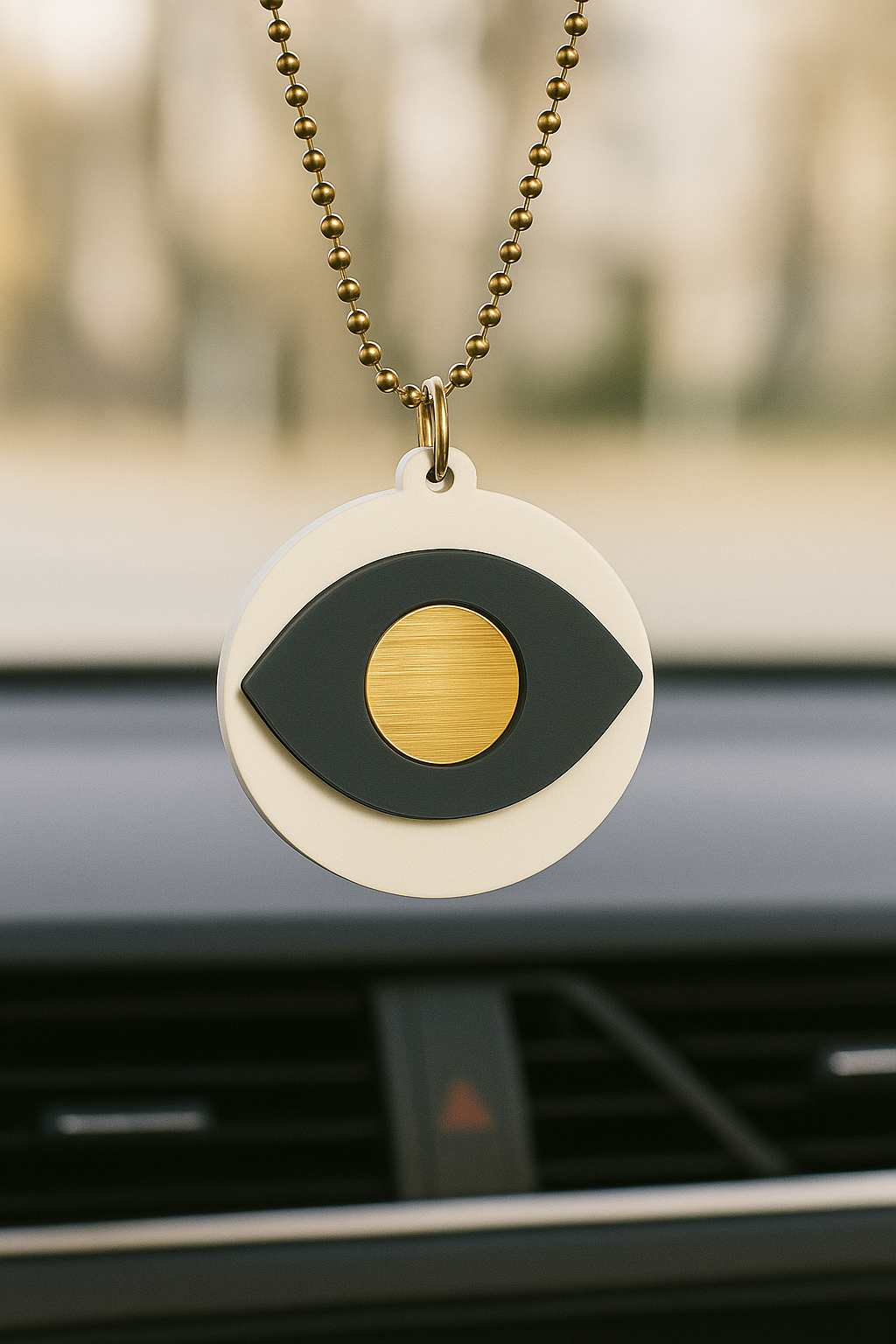 Γούρι αυτοκινήτου κυκλαδίτικο μάτι με λευκό, γκρι και χρυσό plexiglass, από τη συλλογή Drive Icons