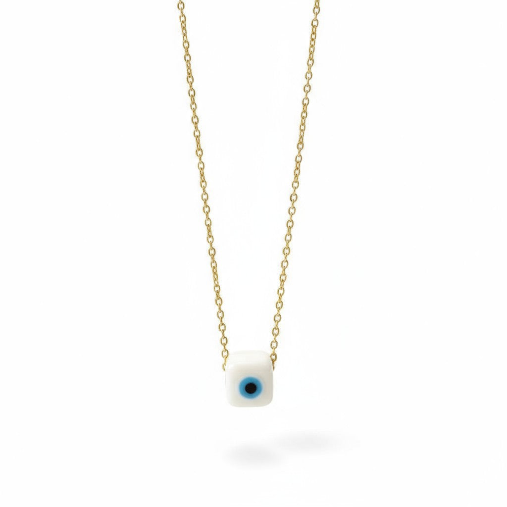Κολιέ με κυβάκι πορσελάνης μάτι και ατσάλινη αλυσίδα – So Cute by Dimi