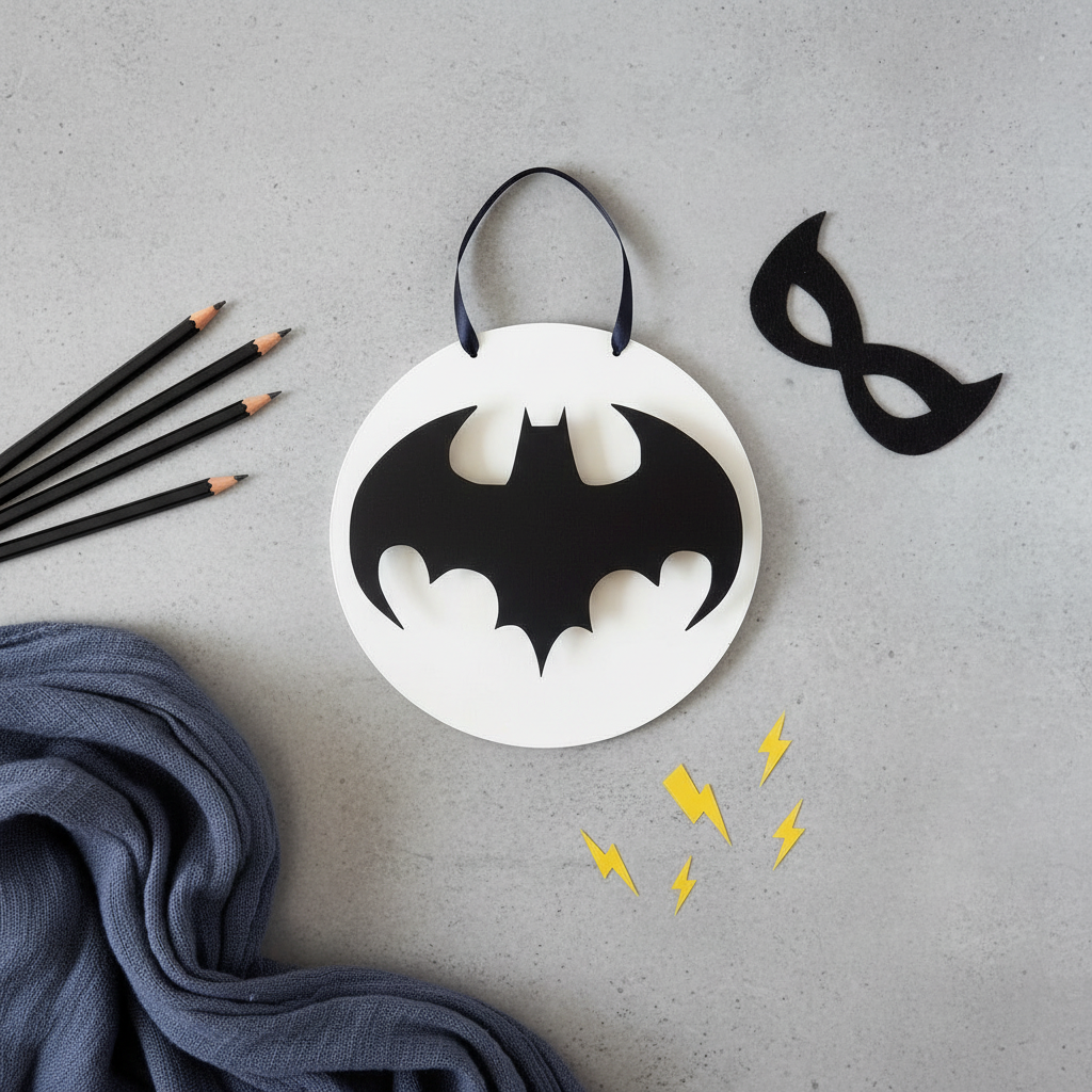 Χειροποίητο ξύλινο κάδρο Batman 25 εκ. με μαύρο πλεξιγκλάς και κορδέλα κρεμάσματος