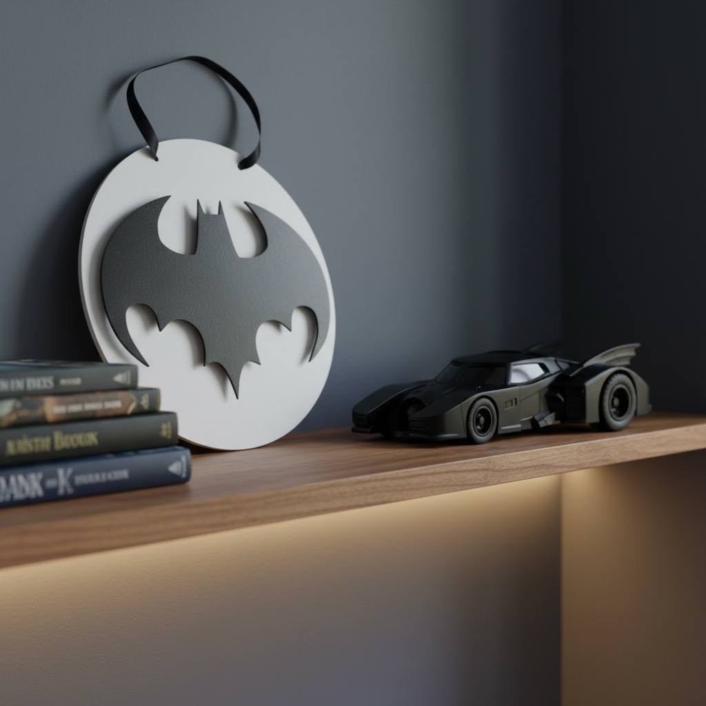 Χειροποίητο ξύλινο κάδρο Batman 25 εκ. με μαύρο πλεξιγκλάς και κορδέλα κρεμάσματος